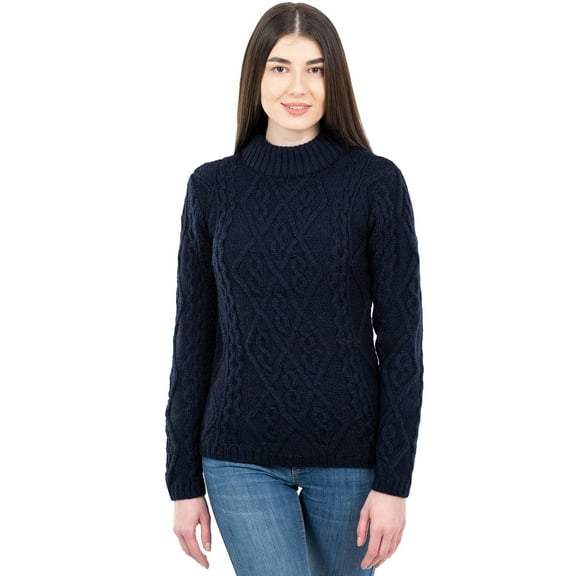 SAOL Aran Cable Knitted Irish Sweater 100% Soft Merino Wool Fisherman Pullover Women's Jumper Made in Ireland