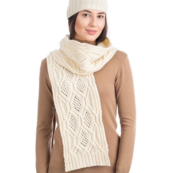 SAOL Aran Cable Knitted Scarf 100% Premium Soft Merino Wool Women`s Heavyweight Irish Loop Oversized Warm Scarf from Ireland