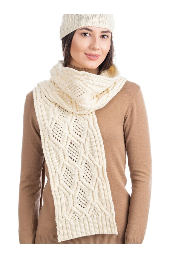 Aran Cable Knitted Scarf 100% Premium Soft Merino Wool Women`s Heavyweight Irish Loop Oversized Warm Scarf from Ireland