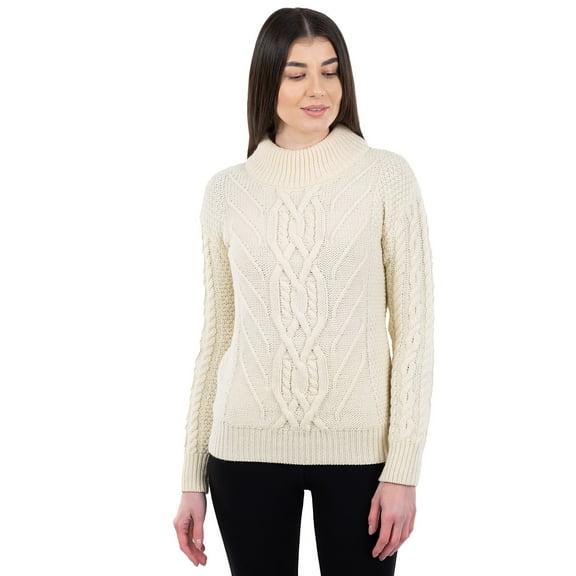 SAOL Aran Fisherman 100% Merino Wool Sweater Irish Cable Knitted Women's Turtleneck Pullover Made in Ireland