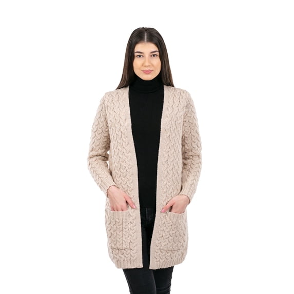 SAOL Aran Fisherman Coat Cardigan for Women Open Front Cardigan 100% Merino Wool