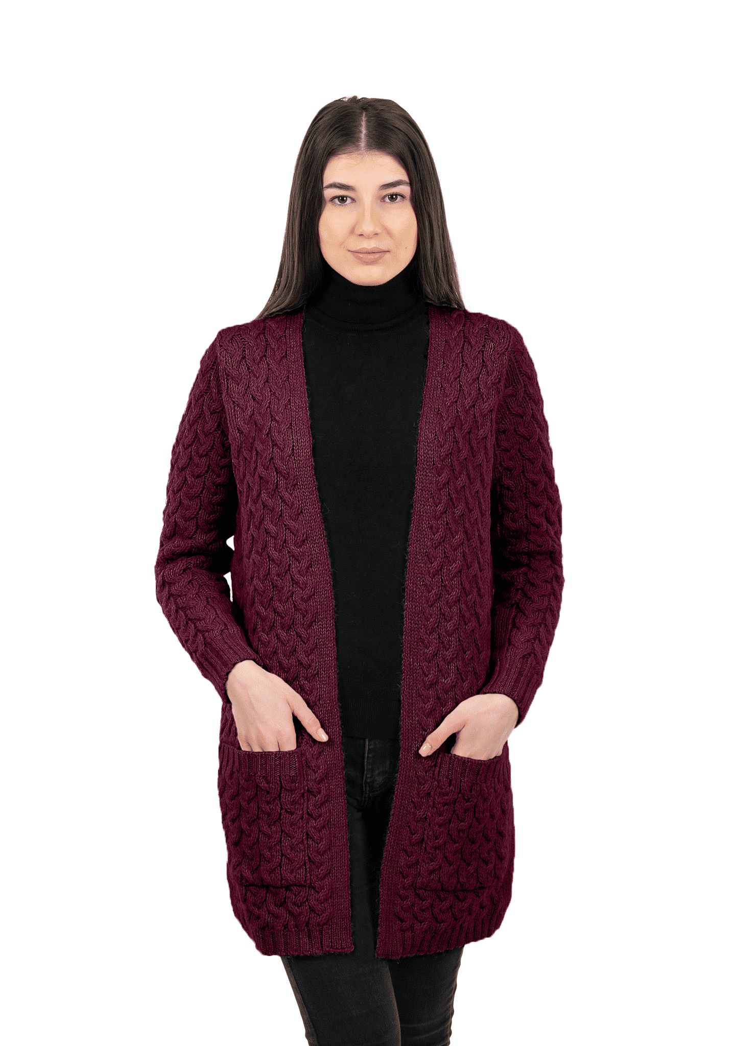 SAOL Women's 100% Merino Wool Long Open Cardigan - Irish Knit With Front Pockets