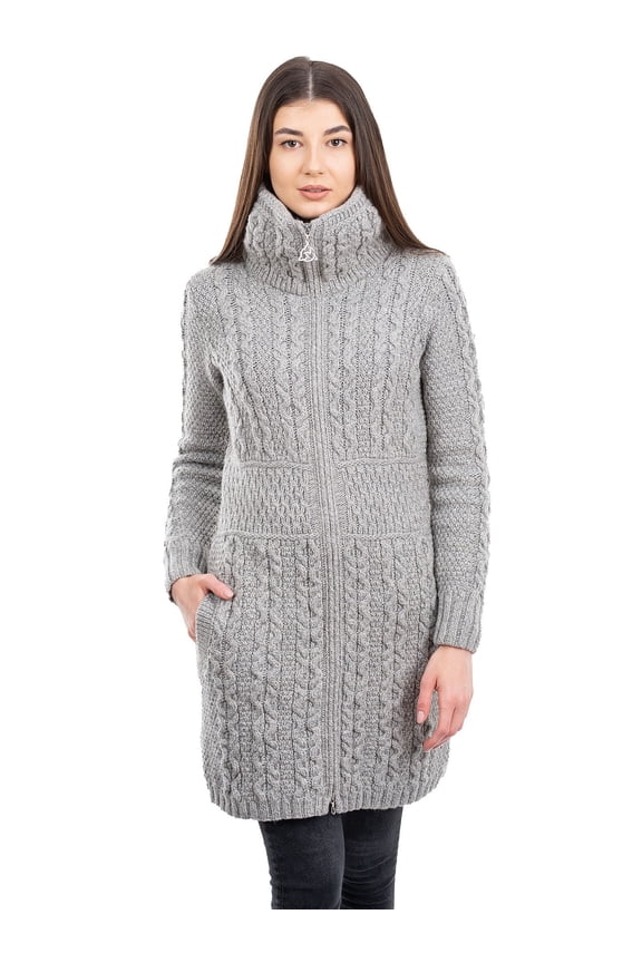 Aran Irish Cardigan with Pockets Women's 100% Merino Wool Cable Knit Zip Up Long Coat Jacket Made in Ireland