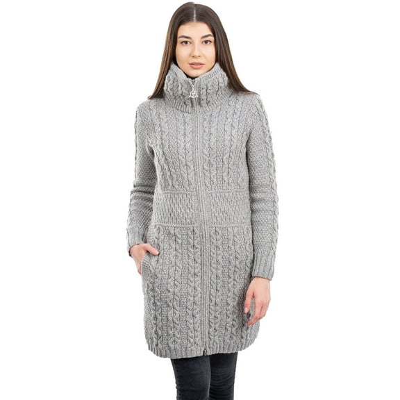 SAOL Aran Irish Cardigan with Pockets Women's 100% Merino Wool Cable Knit Zip Up Long Coat Jacket Made in Ireland