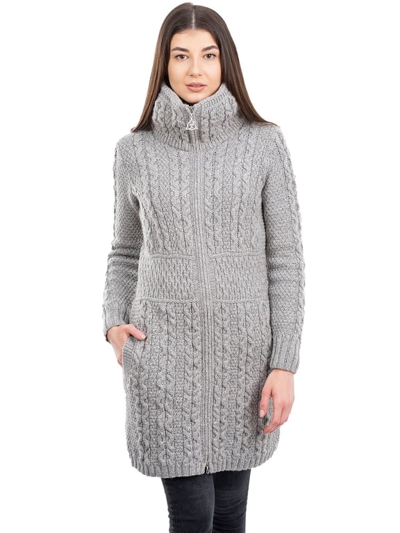 Aran Irish Cardigan with Pockets Women's 100% Merino Wool Cable Knit Zip Up Long Coat Jacket Made in Ireland