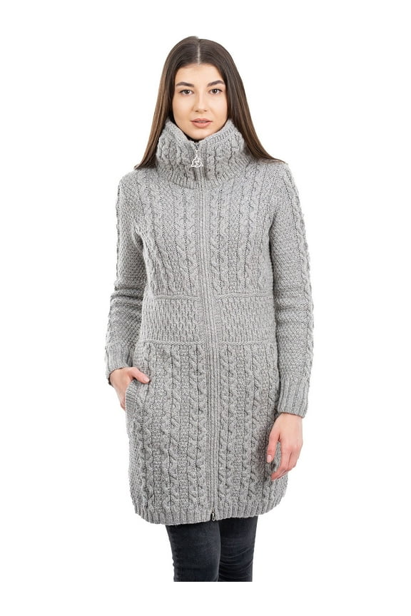 Aran Irish Cardigan with Pockets Women's 100% Merino Wool Cable Knit Zip Up Long Coat Jacket Made in Ireland