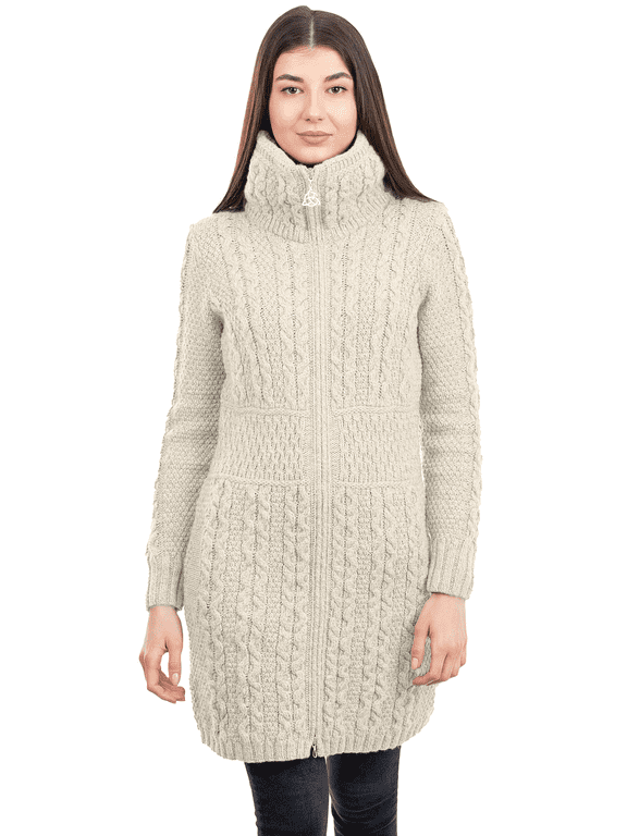 Aran Irish Cardigan with Pockets Women's 100% Merino Wool Cable Knit Zip Up Long Coat Jacket Made in Ireland