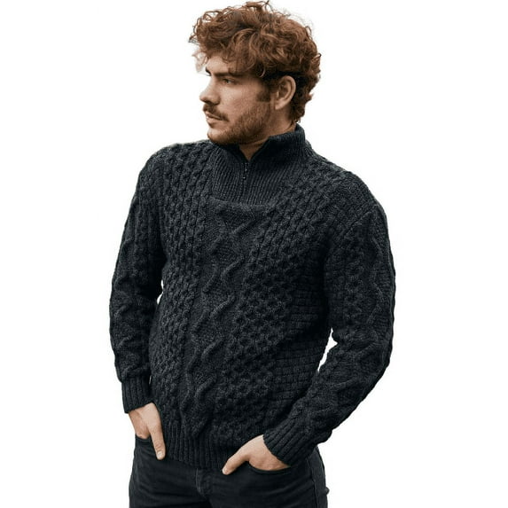 SAOL Aran Irish Fisherman Sweater Men's 100% Merino Wool Zip Neck Cable Knit Cardigan Made in Ireland
