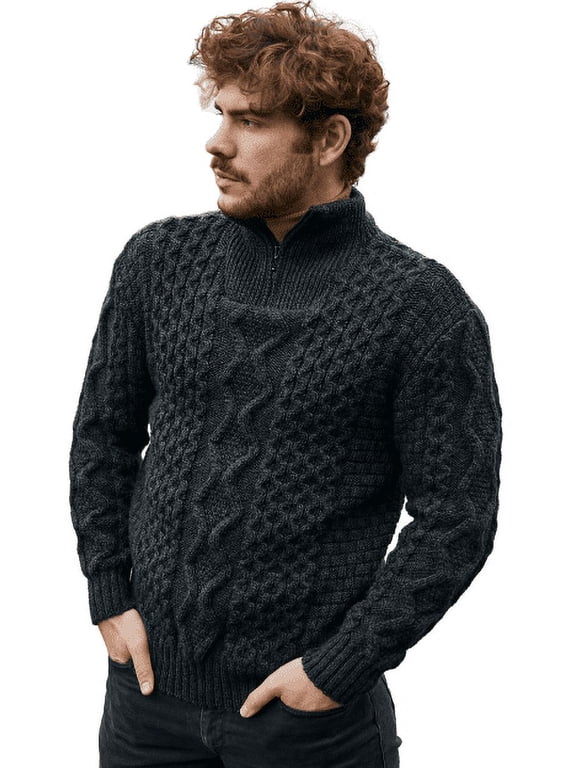 Aran Irish Fisherman Sweater Men's 100% Merino Wool Zip Neck Cable Knit Cardigan Made in Ireland