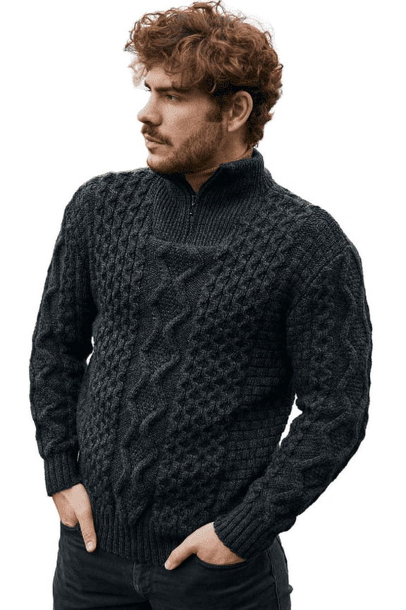 Aran Irish Fisherman Sweater Men's 100% Merino Wool Zip Neck Cable Knit Cardigan Made in Ireland