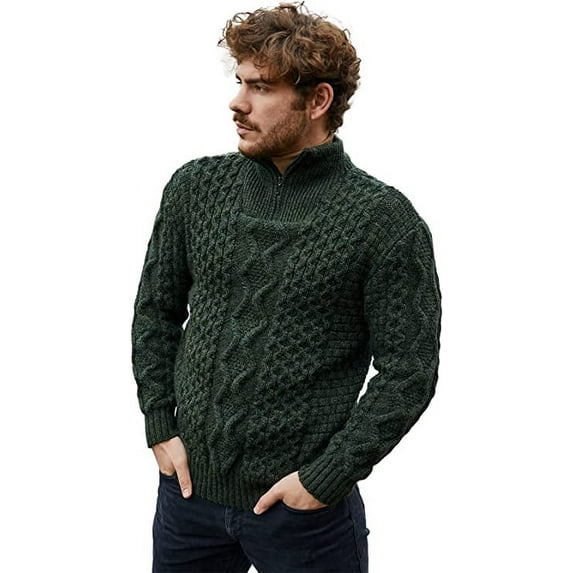 SAOL Aran Irish Fisherman Sweater Men's 100% Merino Wool Zip Neck Cable Knit Cardigan Made in Ireland
