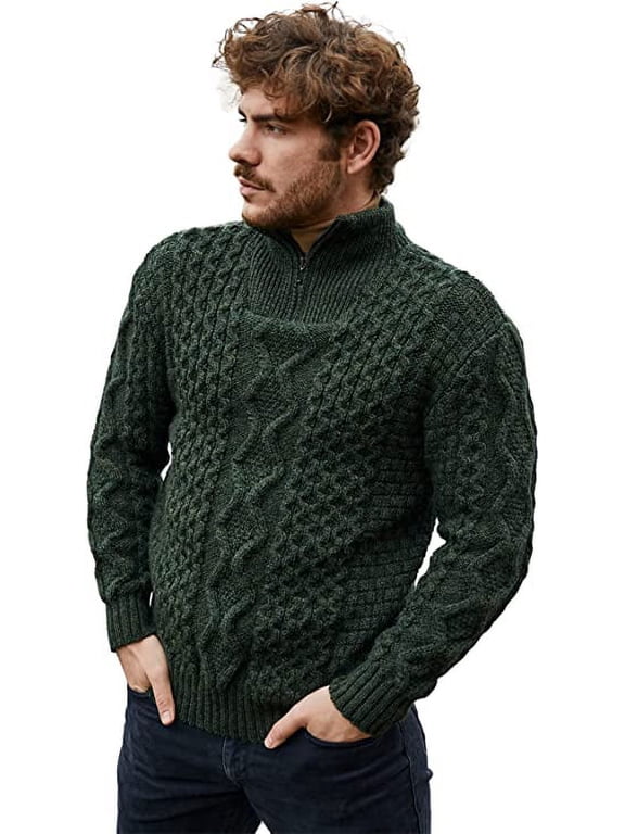 Aran Irish Fisherman Sweater Men's 100% Merino Wool Zip Neck Cable Knit Cardigan Made in Ireland