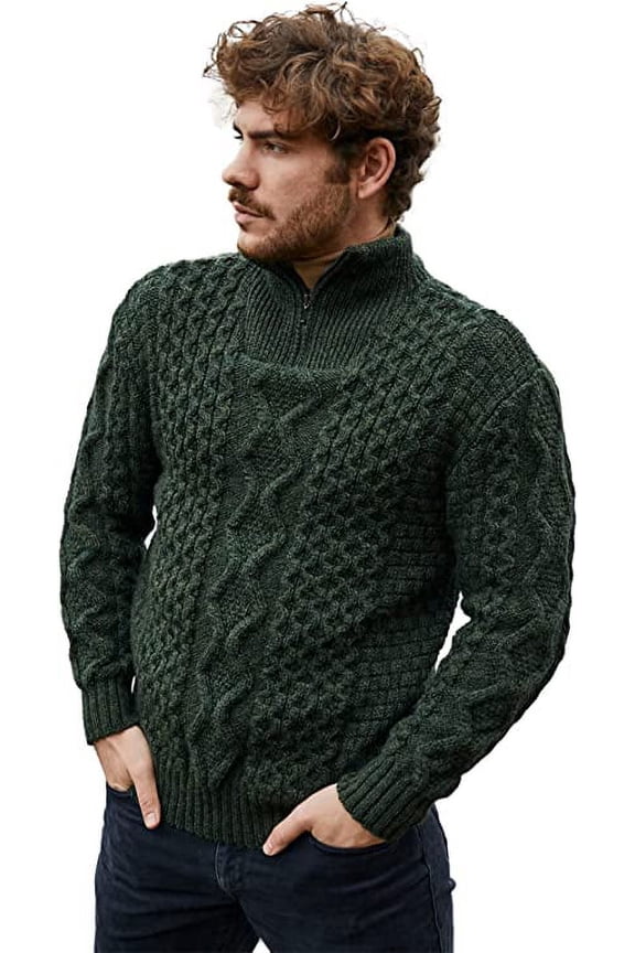 Aran Irish Fisherman Sweater Men's 100% Merino Wool Zip Neck Cable Knit Cardigan Made in Ireland