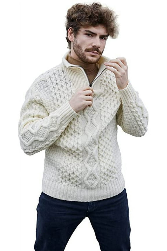 Aran Irish Fisherman Sweater Men's 100% Merino Wool Zip Neck Cable Knit Cardigan Made in Ireland