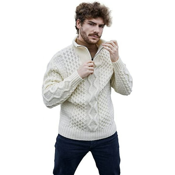 SAOL Aran Irish Fisherman Sweater Men's 100% Merino Wool Zip Neck Cable Knit Cardigan Made in Ireland