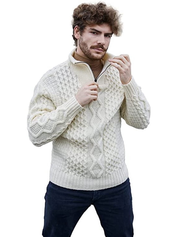 Aran Irish Fisherman Sweater Men's 100% Merino Wool Zip Neck Cable Knit Cardigan Made in Ireland