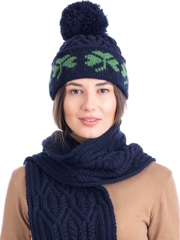 Aran Irish Shamrock Pom Pom Hat 100% Premium Merino Wool Warm Women`s Knitted Cap from Ireland