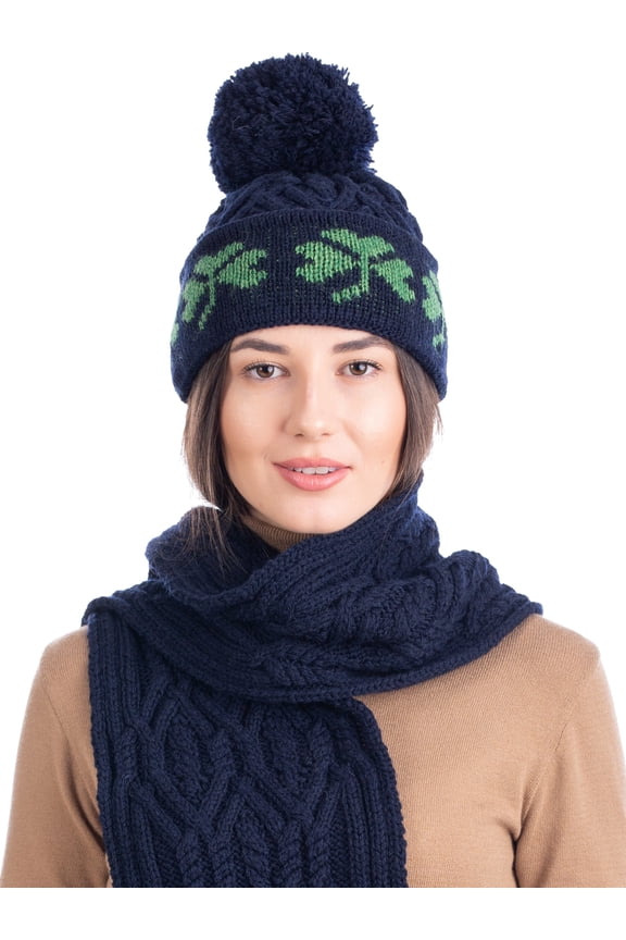 Aran Irish Shamrock Pom Pom Hat 100% Premium Merino Wool Warm Women`s Knitted Cap from Ireland