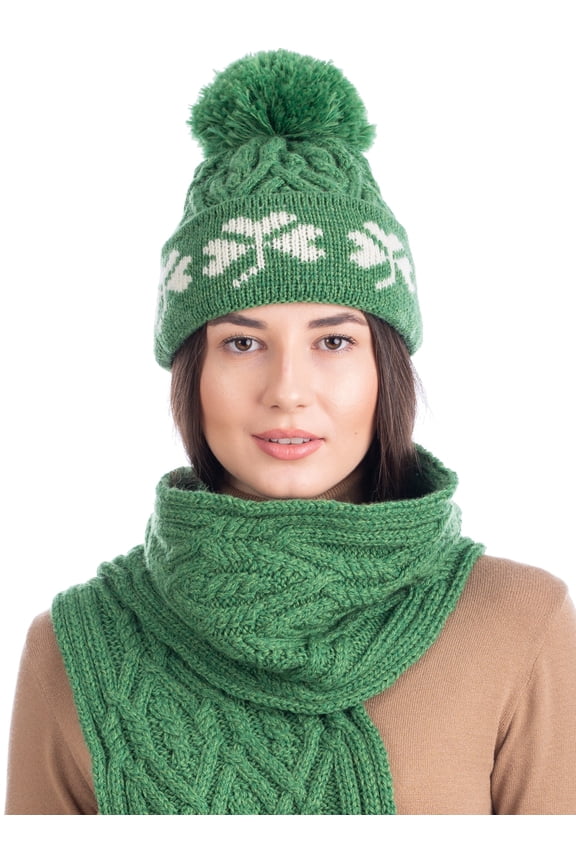 Aran Irish Shamrock Pom Pom Hat 100% Premium Merino Wool Warm Women`s Knitted Cap from Ireland