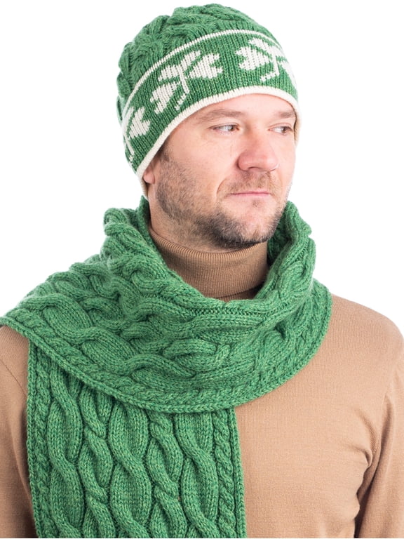 Aran Knitted Beanie Hat with Shamrocks 100% Premium Merino Wool Men`s Cap from Ireland