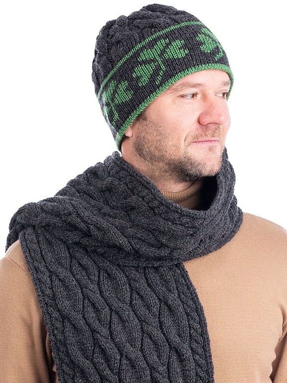 Aran Knitted Beanie Hat with Shamrocks 100% Premium Merino Wool Men`s Cap from Ireland