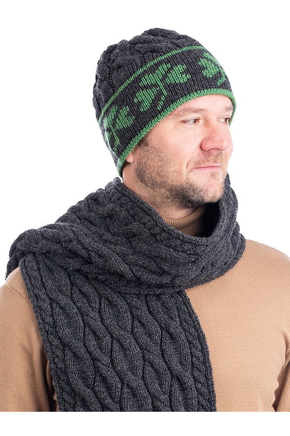 Aran Knitted Beanie Hat with Shamrocks 100% Premium Merino Wool Men`s Cap from Ireland