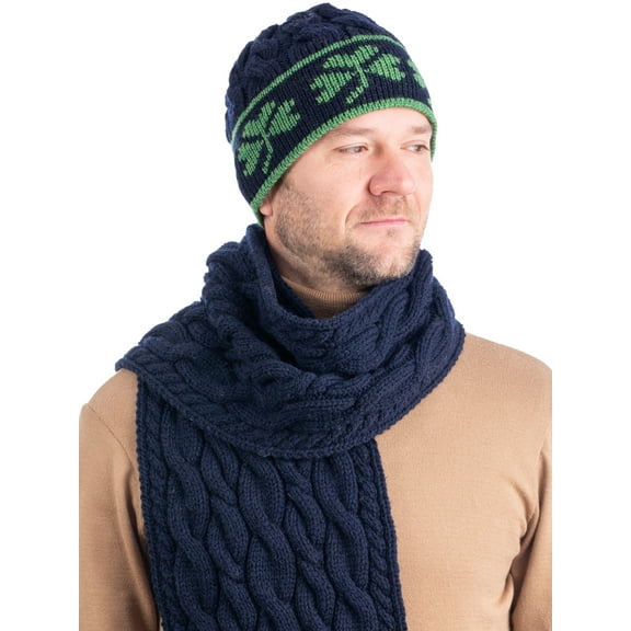 SAOL Aran Knitted Beanie Hat with Shamrocks 100% Premium Merino Wool Men`s Cap from Ireland