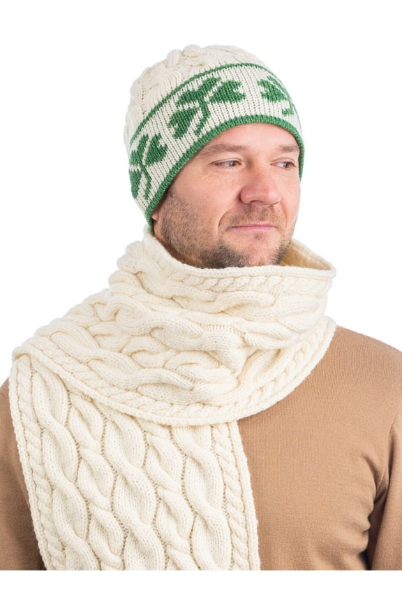 Aran Knitted Beanie Hat with Shamrocks 100% Premium Merino Wool Men`s Cap from Ireland