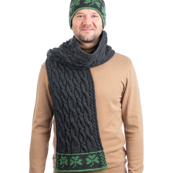 SAOL Aran Knitted Oversized Men`s Scarf with Shamrocks 100% Premium Soft Merino Wool Men 60 x 10 in from Ireland