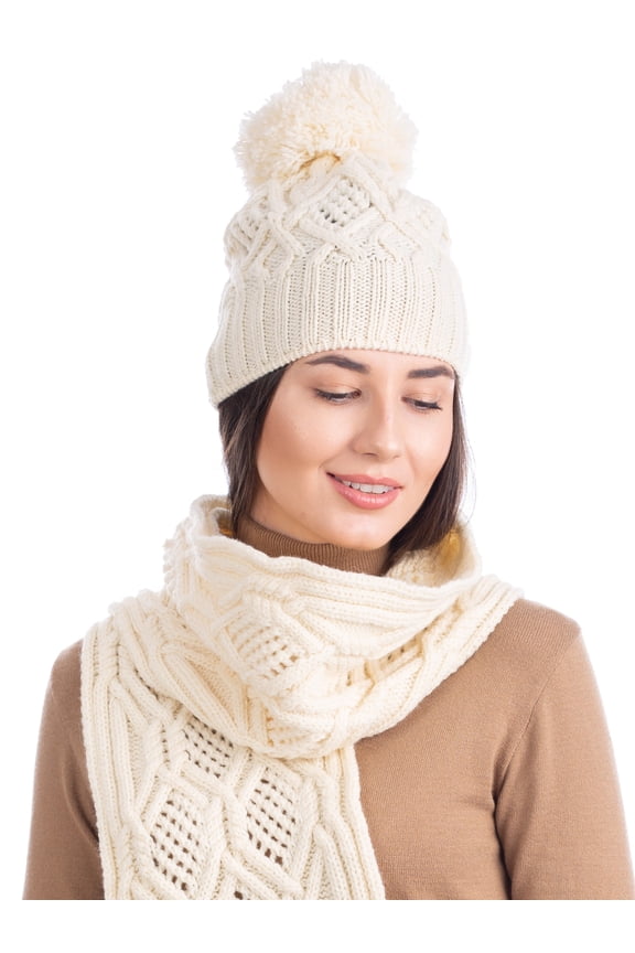 Aran Knitted Pom Pom Hat 100% Premium Supersoft Merino Wool Women`s Bobble Warm Cap from Ireland