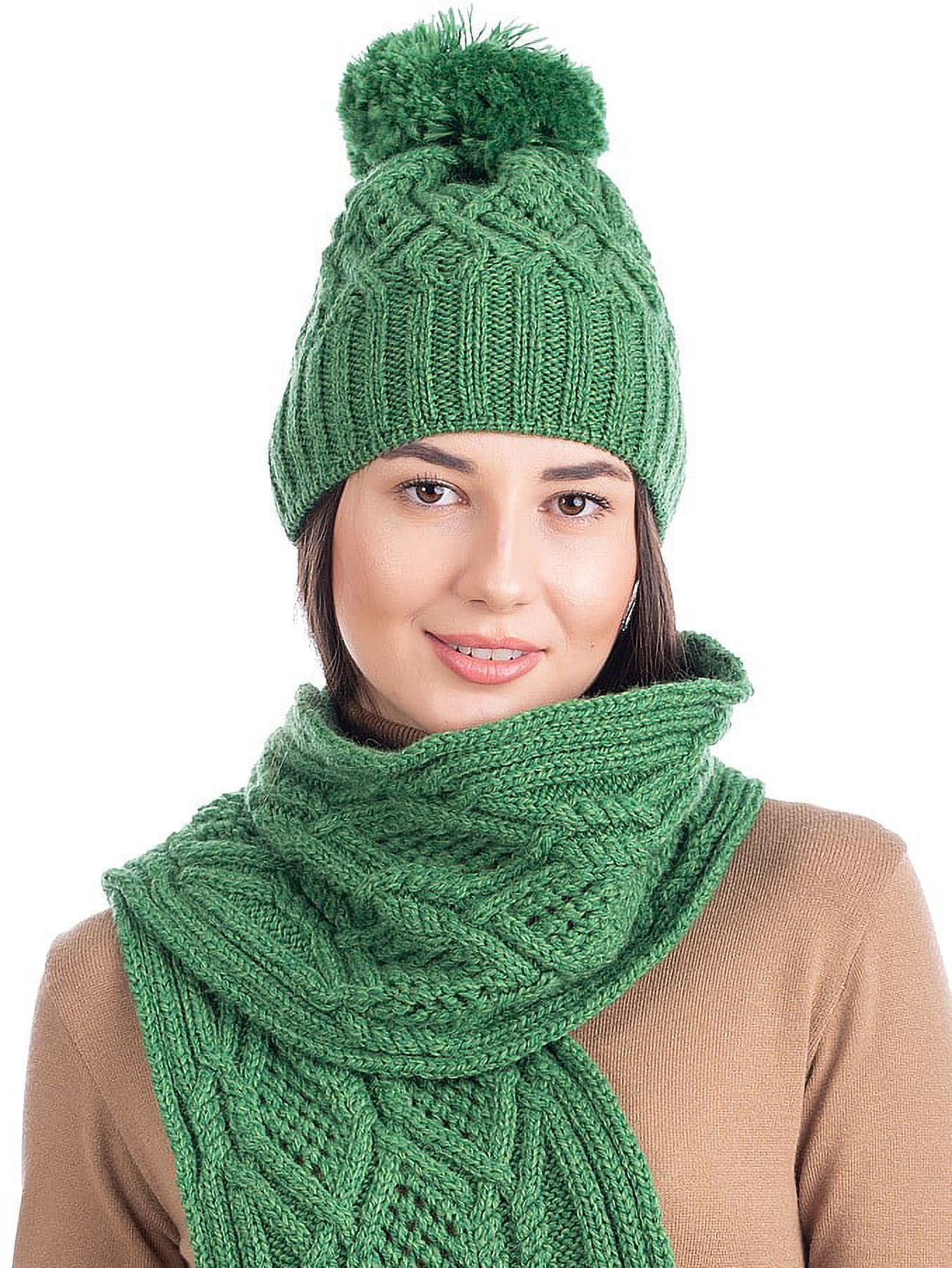 Aran Cable Knit Hat Pom Pom Green