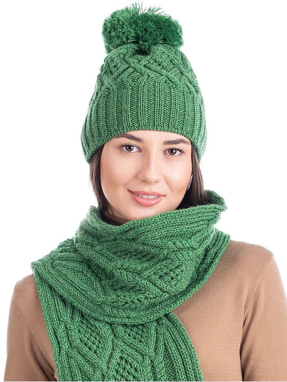 Aran Knitted Pom Pom Hat 100% Premium Supersoft Merino Wool Women`s Bobble Warm Cap from Ireland