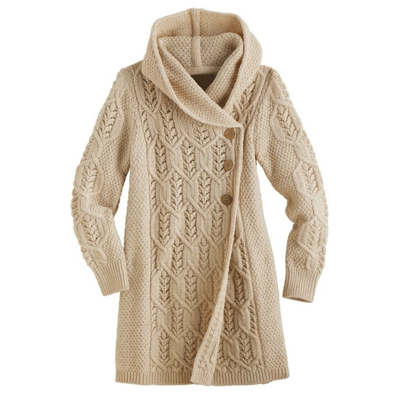 SAOL Aran Leaf Buttoned Coat Cardigan for Women Double Breasted Irish Sweater with Hood Made in Ireland