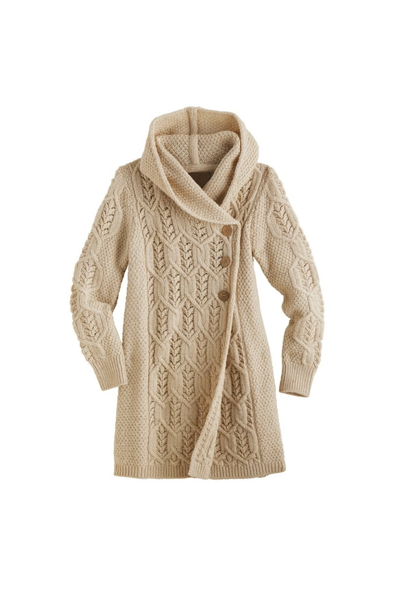 SAOL Aran Leaf Buttoned Coat Cardigan for Women Double Breasted Irish Sweater with Hood Made in Ireland