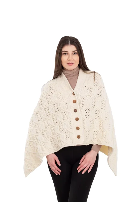 Aran Poncho 100% Merino Wool for Ladies with Buttons V-Neck Shawl