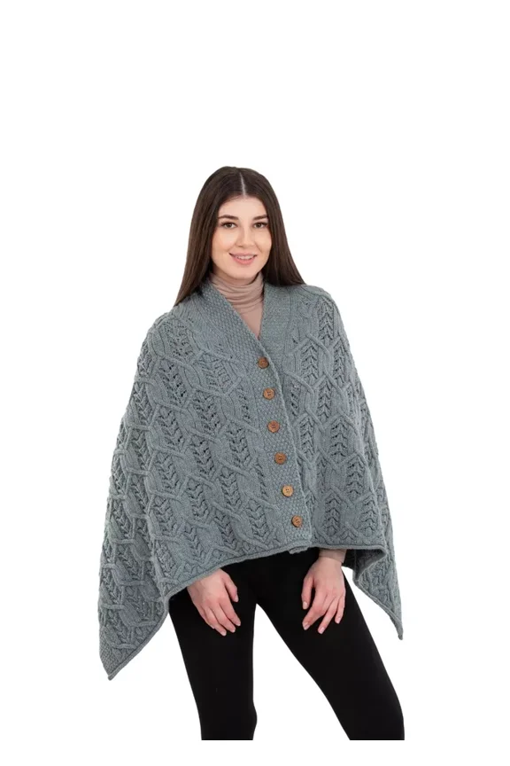 Aran Poncho 100% Merino Wool for Ladies with Buttons V-Neck Shawl