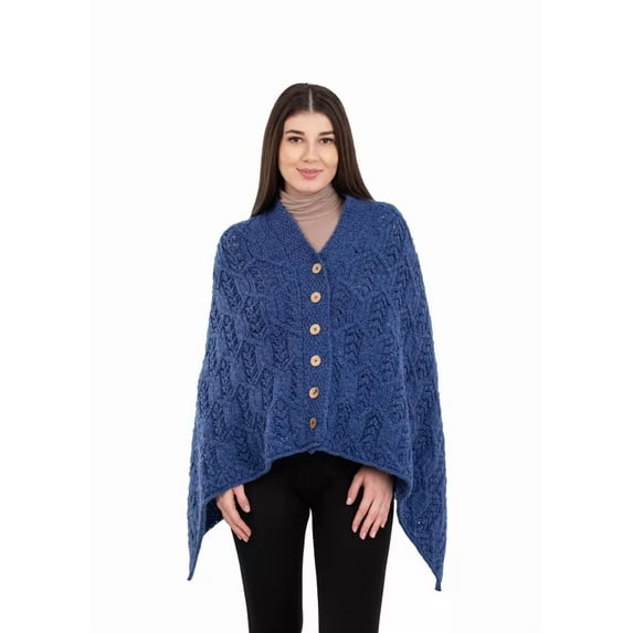 SAOL Aran Poncho 100% Merino Wool for Ladies with Buttons V-Neck Shawl