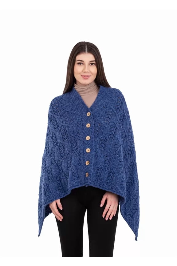 Aran Poncho 100% Merino Wool for Ladies with Buttons V-Neck Shawl