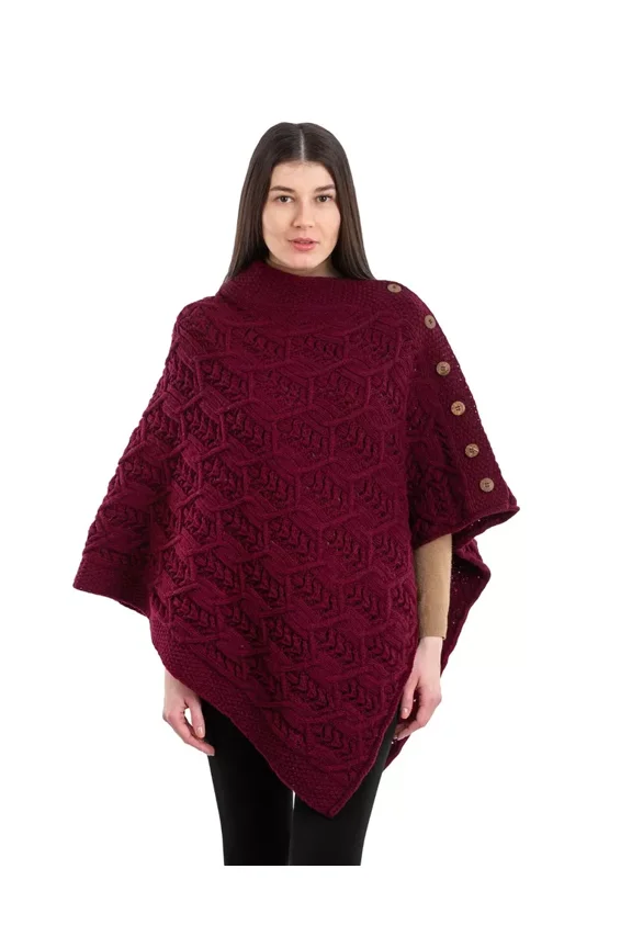 Aran Poncho 100% Merino Wool for Ladies with Buttons V-Neck Shawl