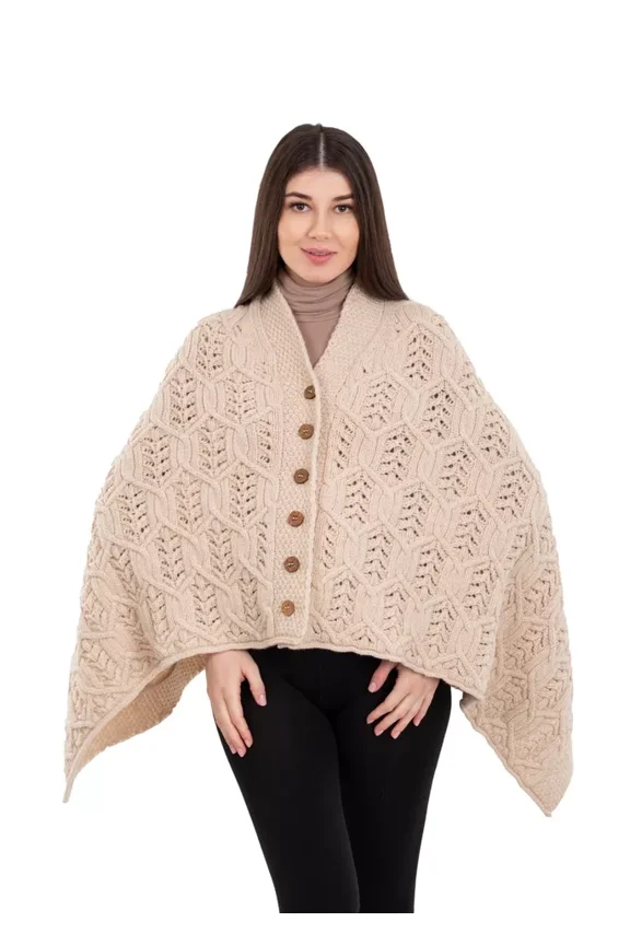 Aran Poncho 100% Merino Wool for Ladies with Buttons V-Neck Shawl
