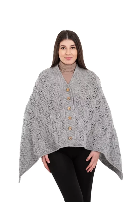 Aran Poncho 100% Merino Wool for Ladies with Buttons V-Neck Shawl