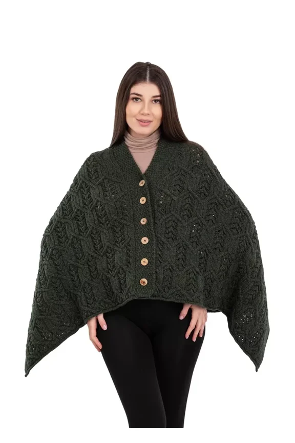 Aran Poncho 100% Merino Wool for Ladies with Buttons V-Neck Shawl
