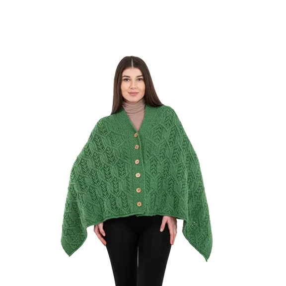 SAOL Aran Poncho 100% Merino Wool for Ladies with Buttons V-Neck Shawl