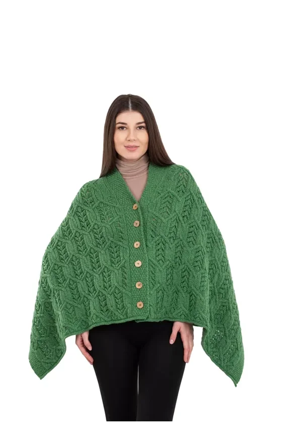 Aran Poncho 100% Merino Wool for Ladies with Buttons V-Neck Shawl