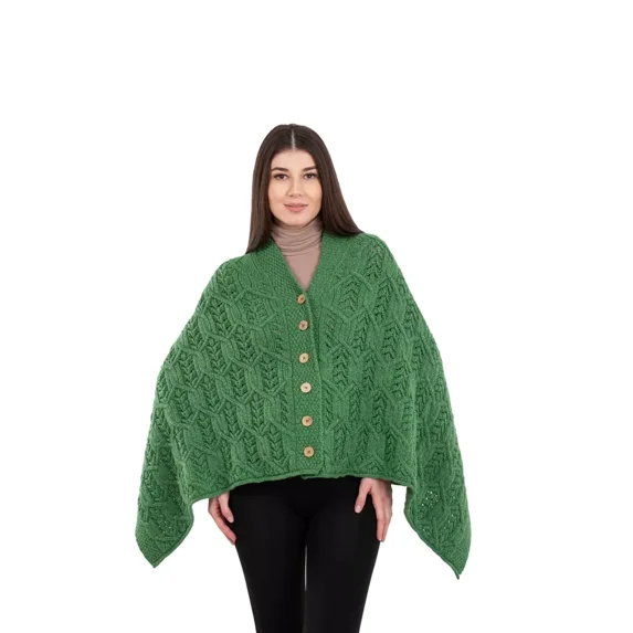 SAOL Aran Poncho 100% Merino Wool for Ladies with Buttons V-Neck Shawl