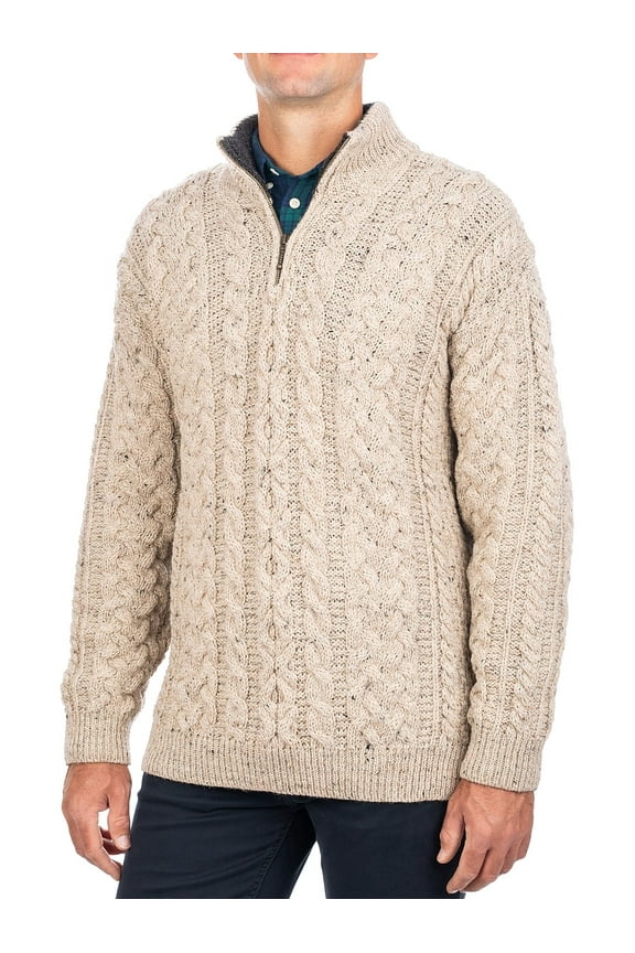 Aran Quarter Zip Cardigan Sweater 100% Soft Worsted Wool Pullover for Men Made in Ireland | Irish Cable Knitted Skiddaw Jumper