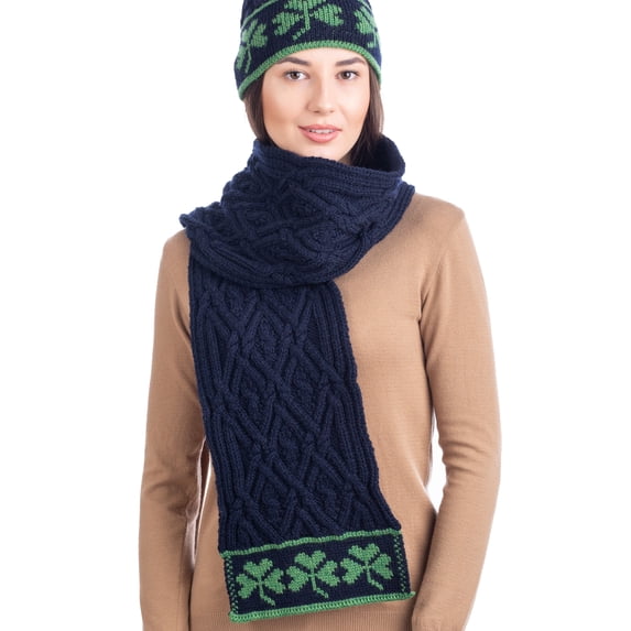 SAOL Aran Shamrock Cable Knitted Scarf 100% Merino Wool Women's Chunky Irish Scarf 76" x 8" Made in Ireland