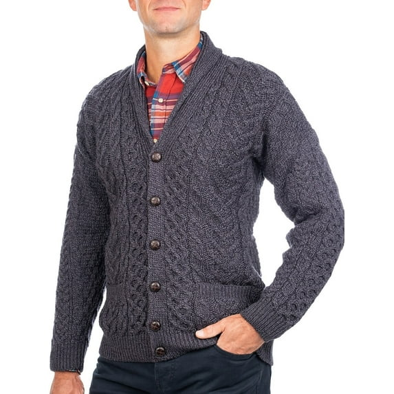 SAOL Aran Shawl Collar Cardigan 100% Premium Merino Wool Sweater Button Up Jacket for Men Made in Ireland