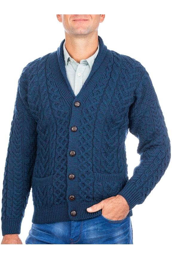 Aran Shawl Collar Cardigan 100% Premium Merino Wool Sweater Button Up Jacket for Men Made in Ireland