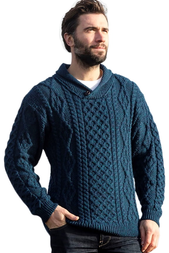 Aran Shawl Collar Cardigan Sweater 100% Premium Merino Wool Irish Cable Knitted Fisherman Pullover Made in Ireland | Blue